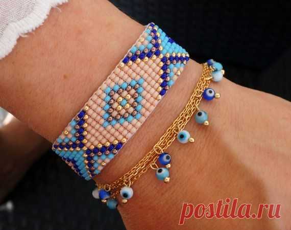 Turquoise Bead Loom Bracelet Boho Bracelet Evil Eye Bracelet by minifabo