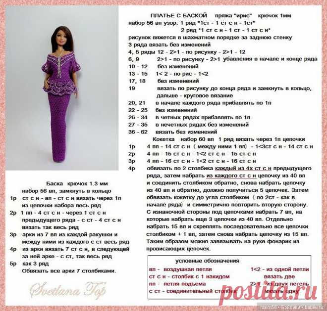 Описание вязания платья для Барби / Вязание для кукол / Бэйбики. Куклы фото. Одежда для кукол
