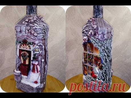Новогодний декупаж бутылки. Техника Терра. Diy.
