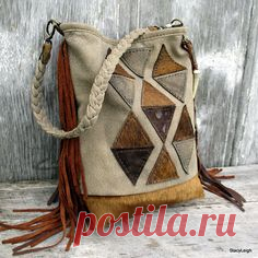 Geometric Leather Small Bucket Shoulder Bag with Fringe in Hair on and Acid Washed Cowhide and Taupe Stone Washed Leather by Stacy Leigh