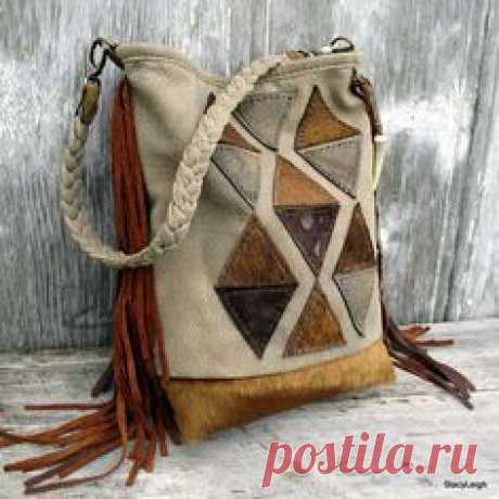 Geometric Leather Small Bucket Shoulder Bag with Fringe in Hair on and Acid Washed Cowhide and Taupe Stone Washed Leather by Stacy Leigh