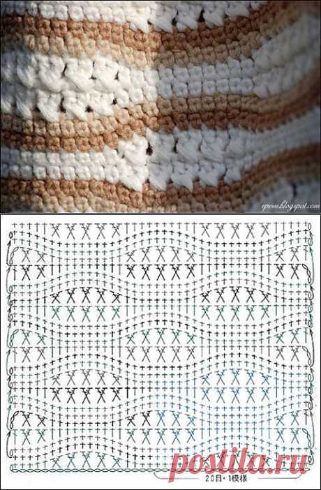 Узор крючком "Обнимающиеся" перекрещенные столбики (МК) .