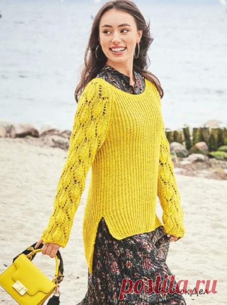 Джемпер с удлинённой спинкой и ажурными рукавами. Спицами. / klubokdel.ru