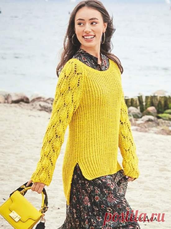 Джемпер с удлинённой спинкой и ажурными рукавами. Спицами. / klubokdel.ru