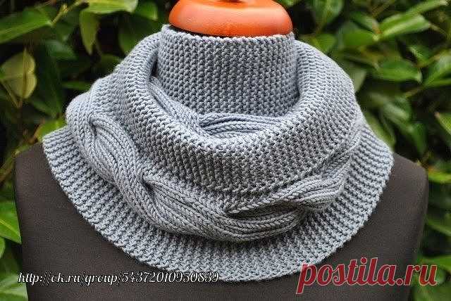 Шарф-снуд Millwater спицами с описанием на русском!

Пряжа: 5 моточков Lang Yarns Merino+ Superwash 100% мерино, 90 м/50 г. 
Спицы 5,0. 

Страничка на Р. 

Набрать на бросовую нить 54 п. (т.е. открытый набор) . 
1-й р.: провязать 10 п. платочной вязкой (= вязать только лиц.петлями), 
*2 лиц.п., 2 изн.п.**, повторить *...** 6 раз, 20 п. платочной вязкой ( 
прим.: кром.п. уже включены в узор, провязывать в каждом ряду лицевыми).
 
2-й р.: 20 п. платочной вязкой, *2 лиц.п., 2...