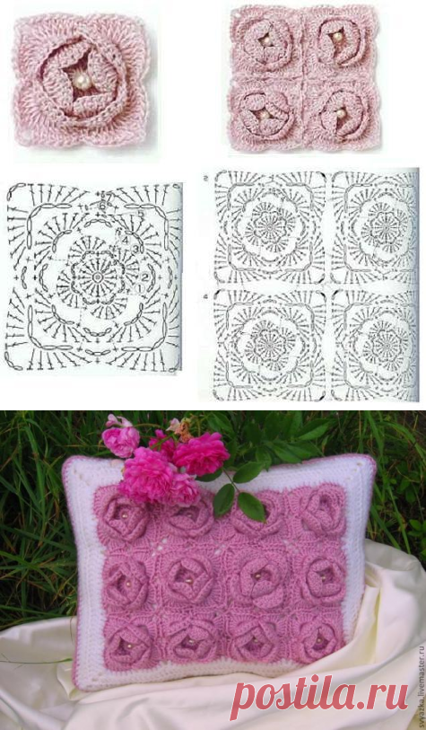 Вязаная шебби-подушка "Чайная роза" - Ярмарка Мастеров - ручная работа, handmade
