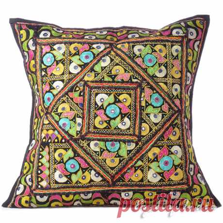 Gran Sofá Decorativo Colorido Negro Funda de Cojín Sofá Throw Pillow Indian Decorativo Colorido - 24 "| Cojines Patchwork | Ojos de la India