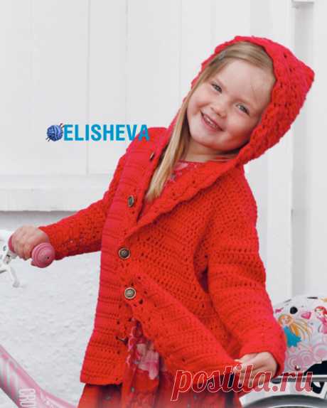 Ажурное пальто для девочки с капюшоном &quot;Little Red Riding Hood&quot; от DROPS Design, вязаное крючком
