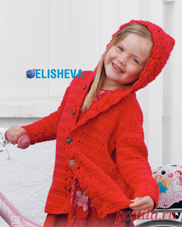 Ажурное пальто для девочки с капюшоном "Little Red Riding Hood" от DROPS Design, вязаное крючком