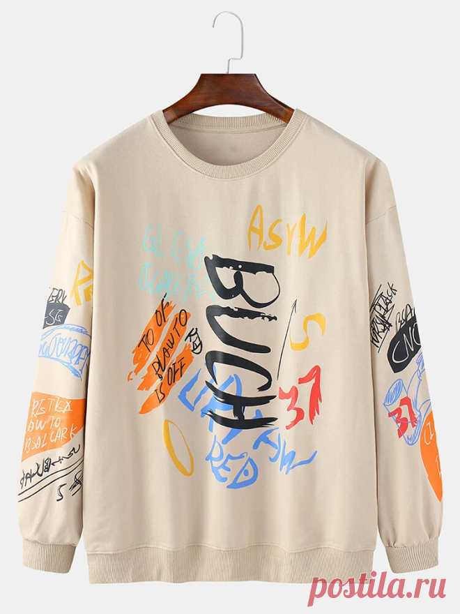 Mens Graffiti Print Long Sleeve Pullover Cotton Casual Sweatshirts - US$27.99