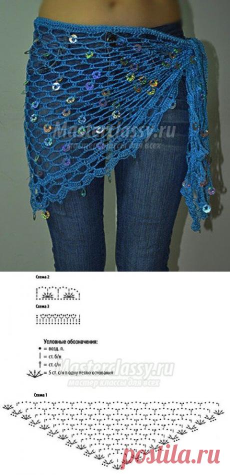 Ажурный набедренный платок для восточных танцев, вязаный крючком. Схема и описание