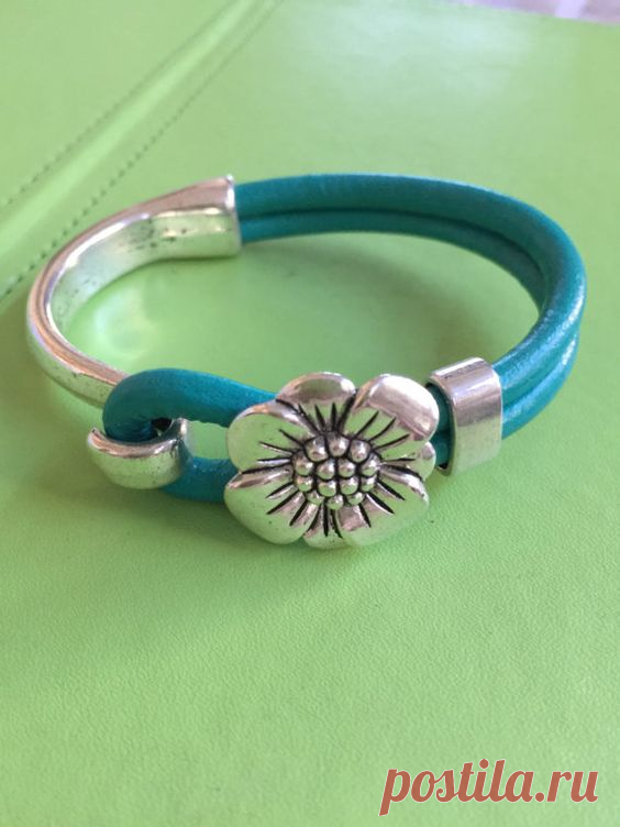 Silver and Turquoise Leather Bracelet