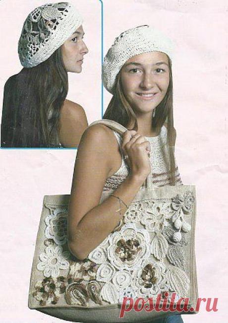 Берет и сумка из цветочных мотивов крючком