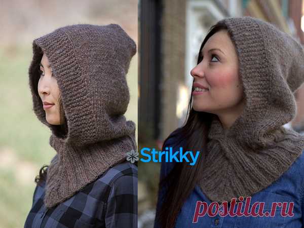 Снуд-капюшон от Plymouth Yarn вязаный спицами от Strikky.ru Снуд вяжется в основном лицевой гладью (лц/гл) спицами из шерстяной пушистой пряжи, отделан резинкой. Он имеет тёплый капюшон, который хорошо сидит на голове. Описание дано