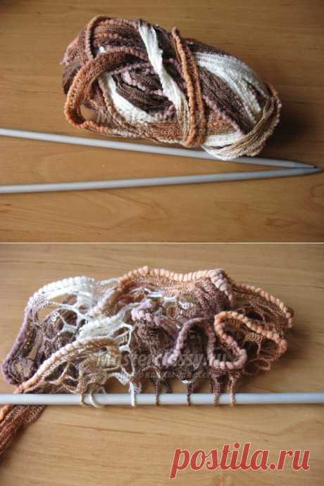 Вязаный шарф из специальной пряжи спицами. Мастер класс
