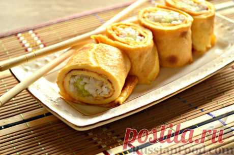 Рецепт: Роллы из яичных блинчиков с рисом и огурцом на RussianFood.com