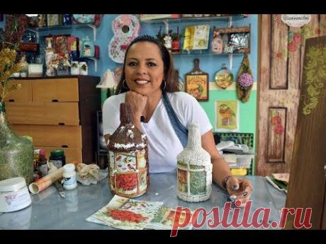 Botella Navideña Decoupage y Pasta Moldeable