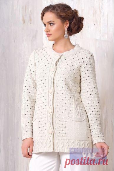 Женская :: Вязаные жакеты :: Светлый ажурный жакет с карманами на пуговицах (1255)