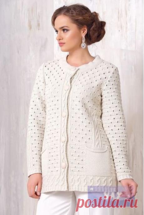 Женская :: Вязаные жакеты :: Светлый ажурный жакет с карманами на пуговицах (1255)