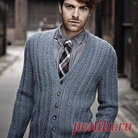 Вязаный спицами узором елочка мужской кардиган Herringbone