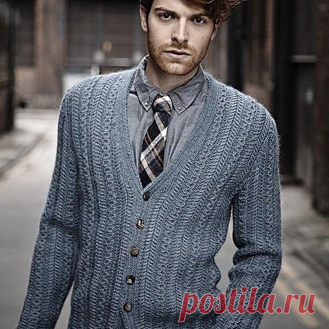 Вязаный спицами узором елочка мужской кардиган Herringbone