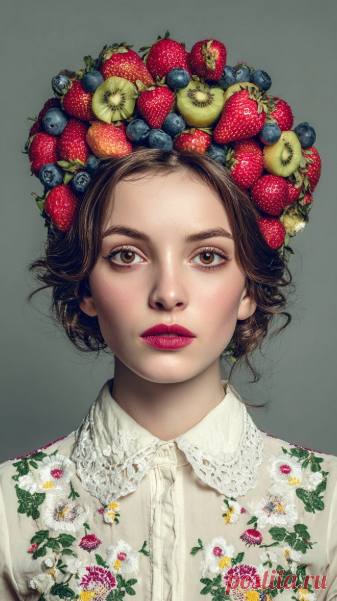 Ягодная корона: портрет девушки с нежным выражением лица и цветочным акцентом. Картинка из нейронной сети Миджорни - Midjourney примеры промтов - Форум ИИ о нейросетях - Yes Ai
