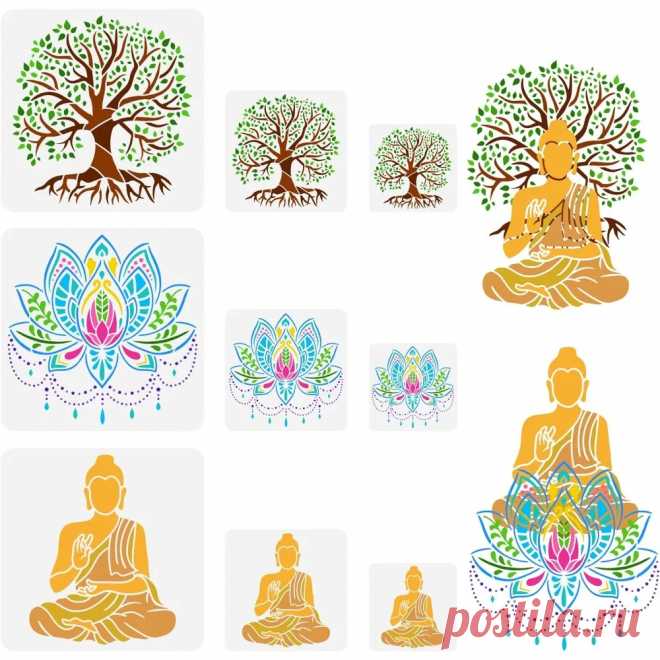Plantilla de árbol de la vida, árbol de la vida, Flor de Loto, plantilla de plástico de Buda, 9 piezas, 3 estilos, 11,8/7,9/5,9 pulgadas (30/20/15cm), cuadrada, reutilizable - AliExpress