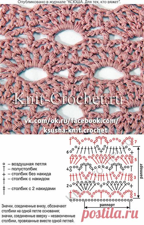 ажурный узор со схемой и условными обозначениями
https://knit-crochet.ru/publ/vjazanie_krjuchkom/uzory_dlja_vjazanija_krjuchkom/azhurnyj_uzor_krjuchkom/40-1-0-3344