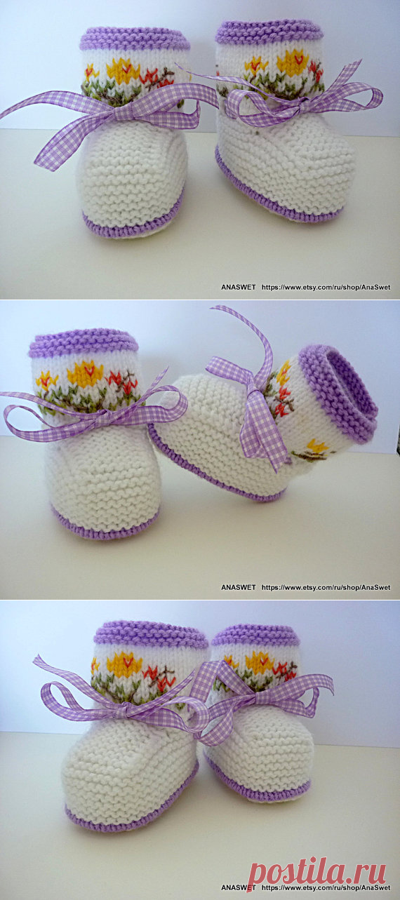 Knitted baby booties in white with embroidery and purple