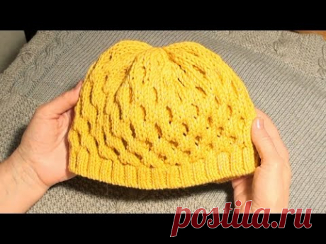 Объемная шапка узором "Крупные соты".  Начало