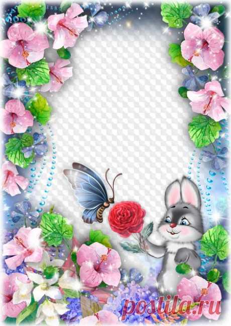 PSD, PNG, photo frame, cute bunny, butterfly and flowers. Transparent PNG Frame, PSD Layered Photo frame template, Download.