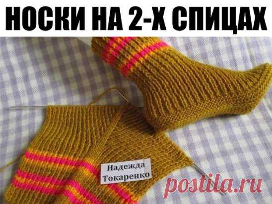 НОСКИ НА 2-Х СПИЦАХ ОТ НАДЕЖДЫ ТОКАРЕНКО...
Носочки вяжутся на двух спицах.                                                                                    Набрала 49 петель на спицы №3. Провязала 30 рядов резинкой 1 на 1. Нашла среднюю петлю (25-ая), отметила её цветной нитью. 
В каждом лицевом ряду из этой петли вывязывала 5 петель (лиц, накид, лиц, накид, лицевая). Изнаночные ряды вязала как смотрит вязка. Когда на спице связалось 97 петель (это на 37 размер), провяз...