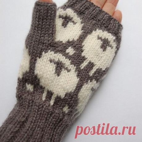 Варежки без пальцев ручной работы [Овечка] темно-серый х белый | Handmade Market minne