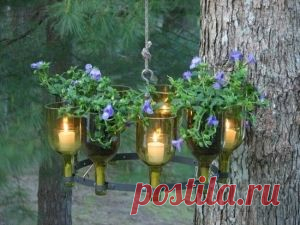 Люстра для сада из стеклянных бутылок