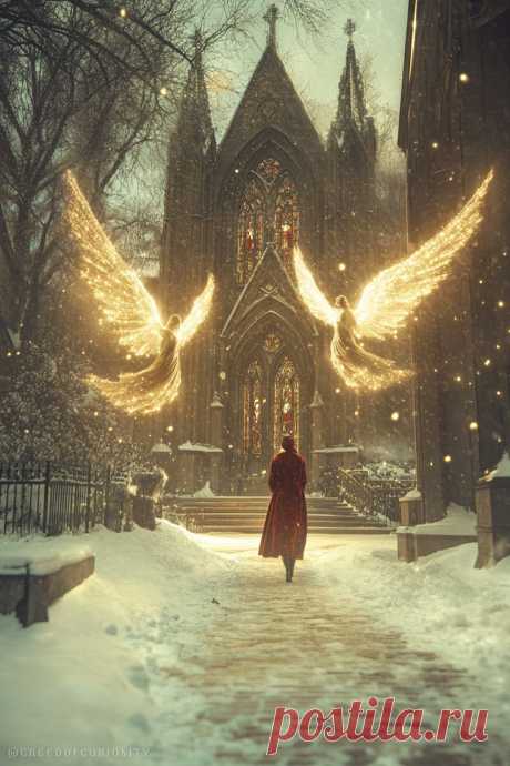 Glowing Angels at the Cathedral – Christmas Christian Wallpaper Background