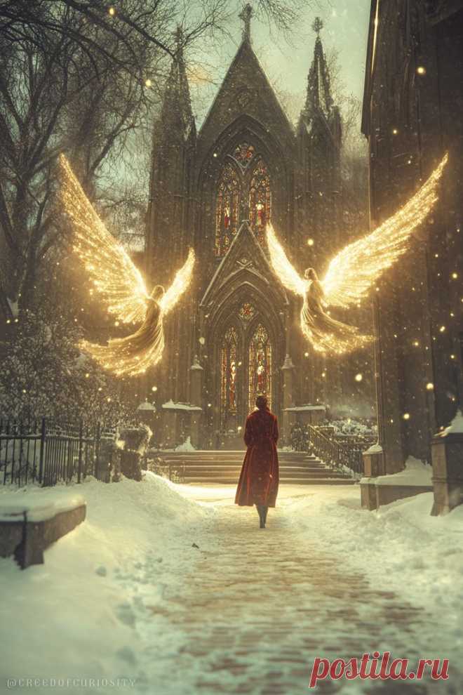 Glowing Angels at the Cathedral – Christmas Christian Wallpaper Background