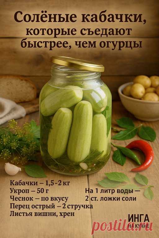 Ингредиенты (на 3-литровую банку):
- Кабачки — 1,5–2 кг (молодые, длиной около 15 см, толщиной 4–5 см, с нежной кожицей и мелкими семечками)
- Укроп — 50 г
- Горький перец — 2 стручка
- Лист хрена — 1 шт.
- Листья вишни — 4–5 шт.
- Чеснок — по вкусу (в дольках)
- Душистый перец горошком — по вкусу
- Чёрный перец горошком — по вкусу
Для рассола (на 1 литр воды):
- Вода — 1 литр
- Соль — 2 столовые ложки (без горки)