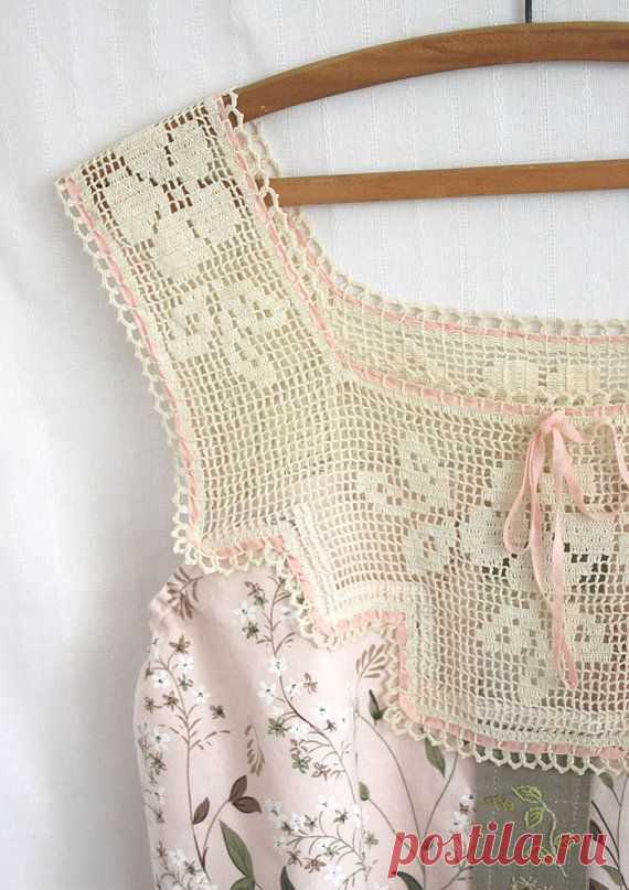 Camisole Tank Hand Embroidery Linen Vintage Crochet Yoke Flower Garden tagt team