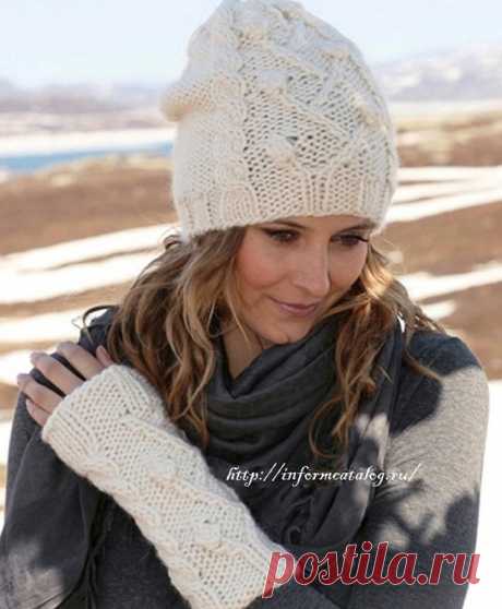 Комплект: Шапка и Митенки Из Узоров Косами | Ниточка