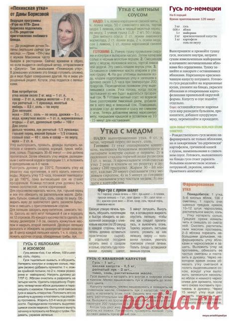 Пекинская утка. Гусь по-немецки. Гусь с яблоками. Фуа-гра с луком шалот. Утка с медом. Утка с мятным соусом. Фаршированная утка.