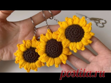 Kolay Tığ işi Ayçiçeği Anahtarlık Yapımı 🌻 Crochet Sunflower Keychain / Anahtarlık Örgü Modelleri