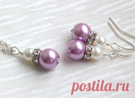 Lavender Pearl Necklace Purple Set of Necklace and Earrings