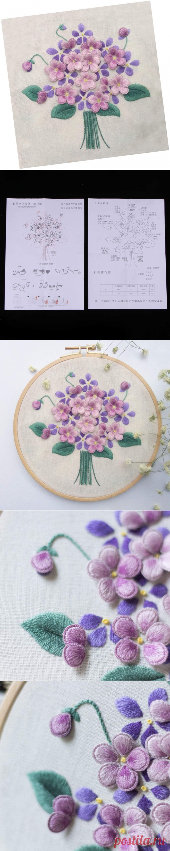 3D Pansy Flower Stumpwork Crafts DIY Embroidery Starter Kit with Cross Stitch Tools for Beginners Sewing