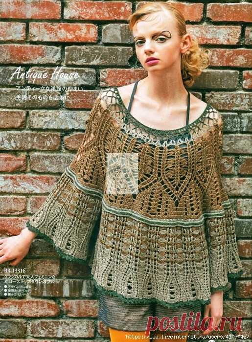 Как хорошо уметь вязать: АЖУРНЫЙ ДЖЕМПЕР РАСКЛЕШЕННОГО СИЛУЭТА С КРУГЛОЙ КОКЕТКОЙ. КРЮЧОК...