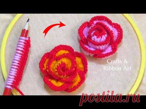Amazing Trick with Pencil - Easy Woolen Rose Making Ideas - Hand Embroidery - DIY Woolen Flowers