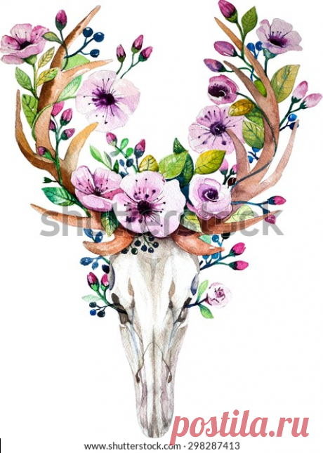 Bright Watercolor Deer Skull Flowers Deers Stock Illustration 298287413 315