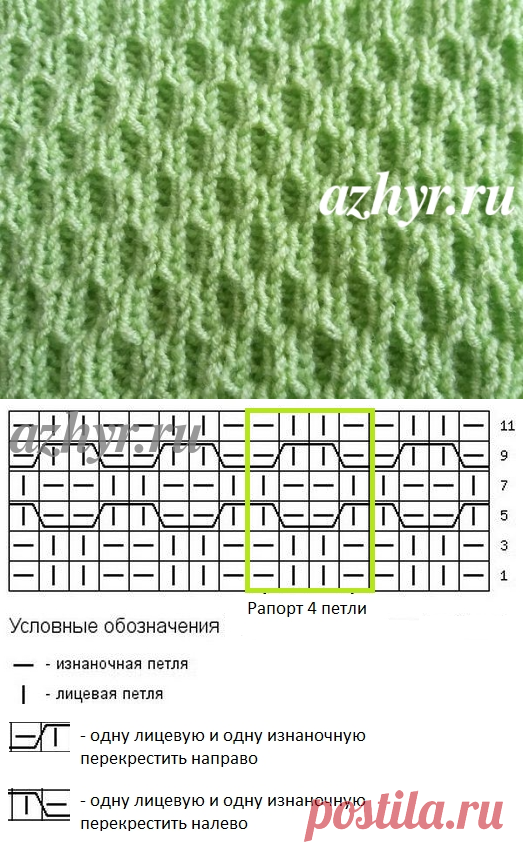Узор двусторонний крупные соты спицами - схема и видео | АЖУР - схемы узоров