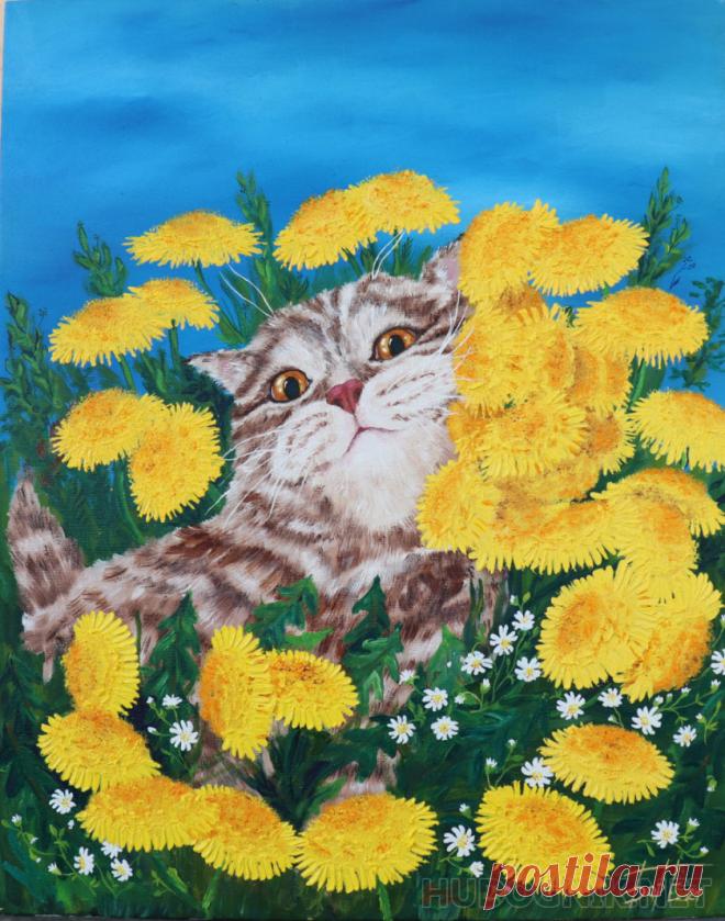Картина Котенок в одуванчиках. Размеры: 40x50, Год: 2021, Цена: 4500 рублей Художник Борисова Елена Вячеславовна