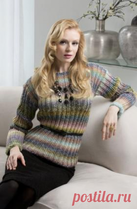 Свитер сад Моне Простая модель женского свитера спицами, связанного из смесовой пряжи секционного окрашивания. Вязание деталей переда и спинки осуществляется...