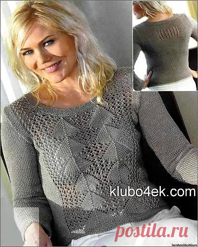 наберите 93(105)117(129)141 п. и вяжите платочной вязкой 12 рядов. Затем средние 59 п. вяжите ажурной вязкой по схеме А, другие петли вяжите лиц. гладью. Когда высота изделия будет 31(37)43(46)49 см, закройте по обоим краям для пройм рукавов в каждом 2-м ряду 1x4 п., 1(1)2(3)3х3 п., 1(2)2(2)3х2 п. и еще 1 (2)2(2)1х1 п. 
Продолжайте вязать ажурной вязкой, пока не провяжете б(7)8(8)9 треугольников в высоту. Закройте средние 23(23)25(25)25 п.